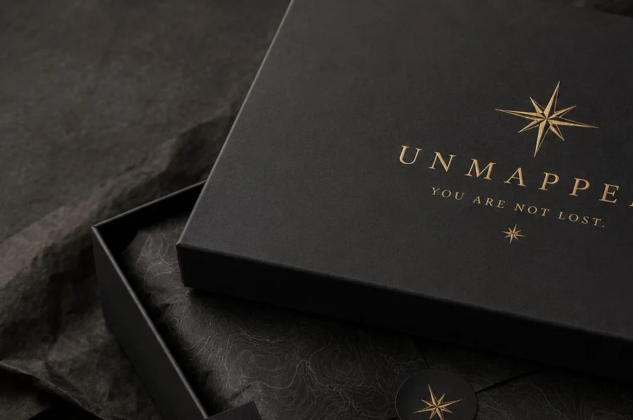 UNMAPPED matte black presentation box with gold compass emblem