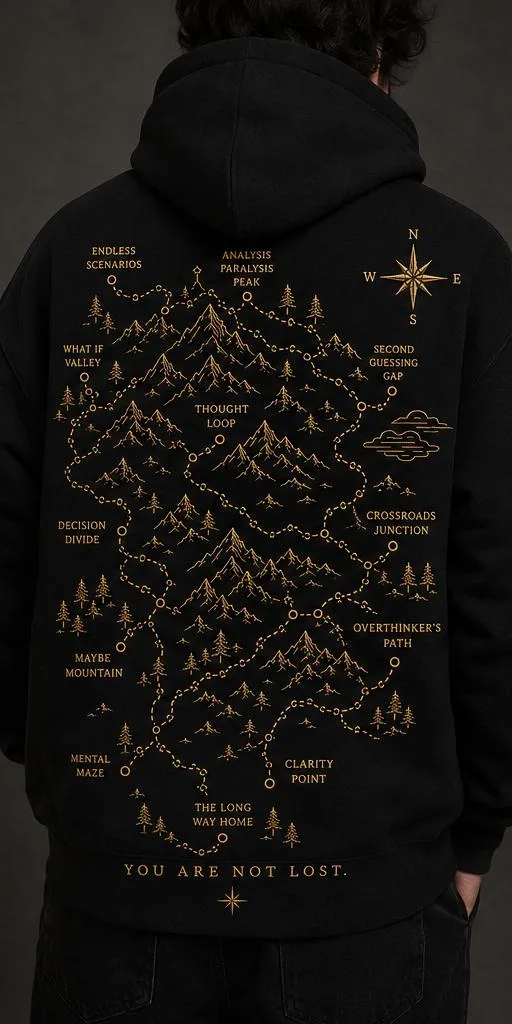 Overthinking District hoodie, back artwork